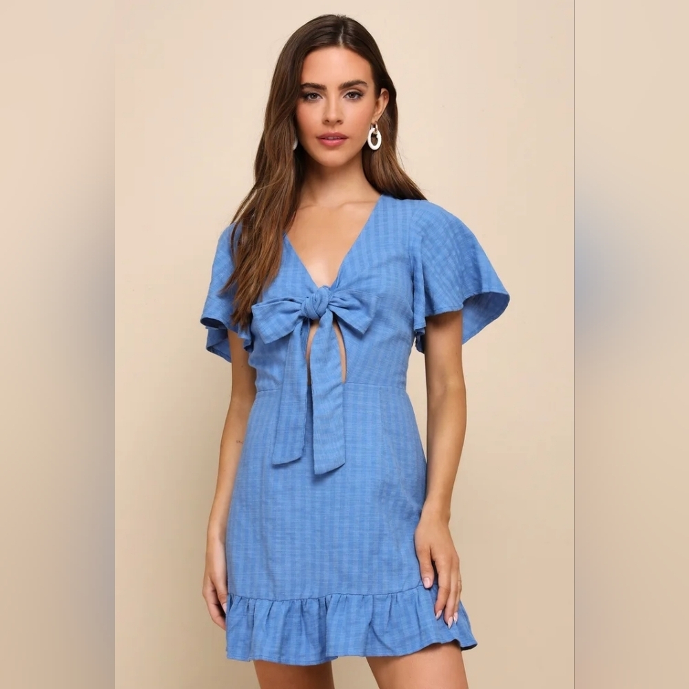 NWT Lulus Blue Bow Front Mini Dress Women's Large Flutter Sleeve Ruffle Hem